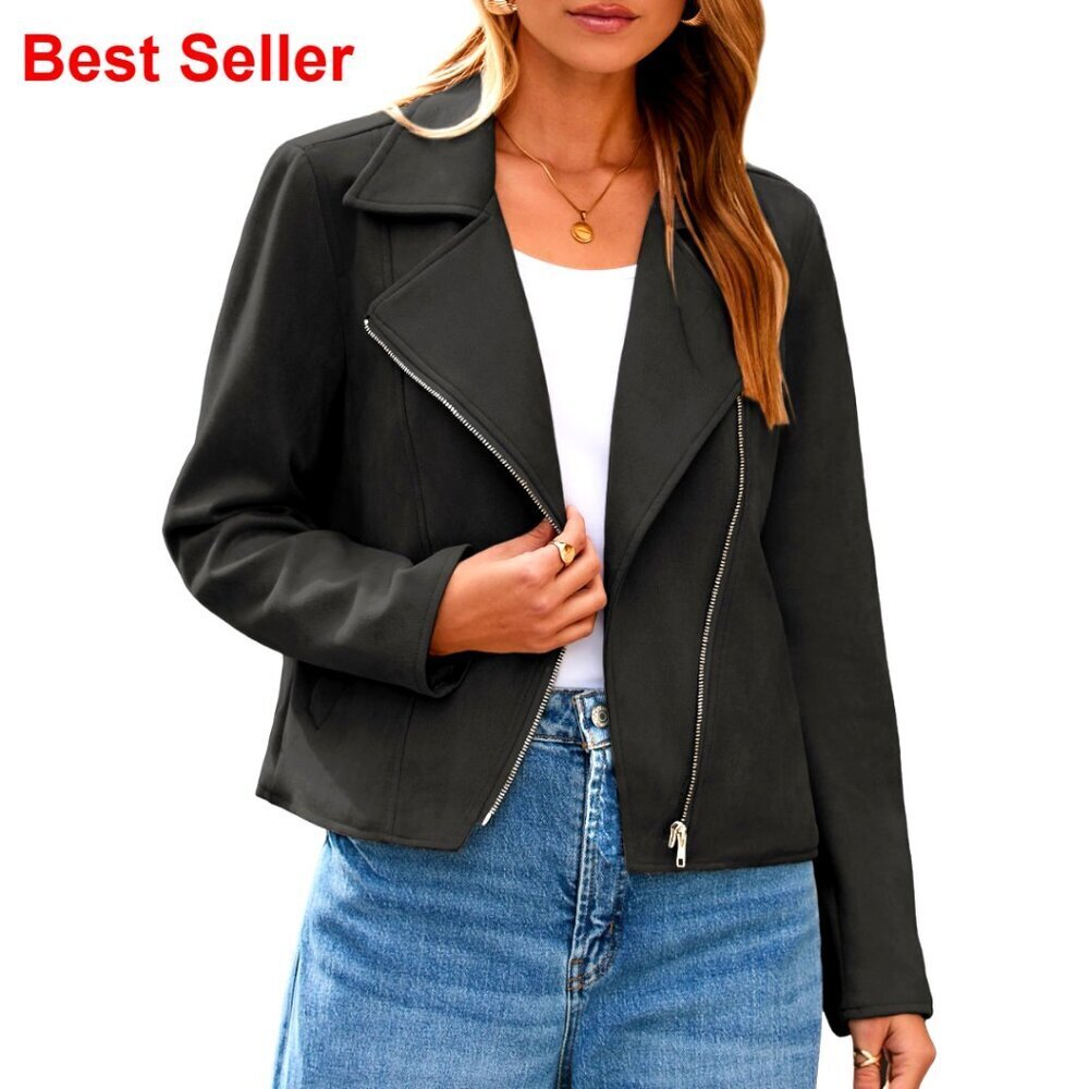 Faux Suede Cropped Biker Jacket with Zipper Front and Side Pockets